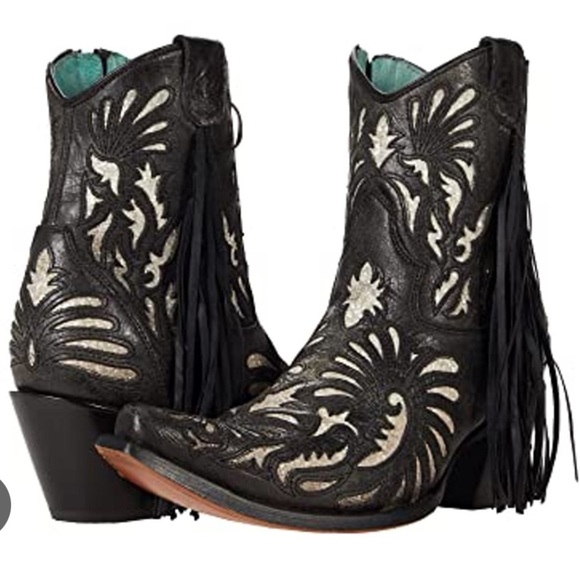 Corral Black and Cream Embroidered Booties with Fringe - Picture 1 of 16